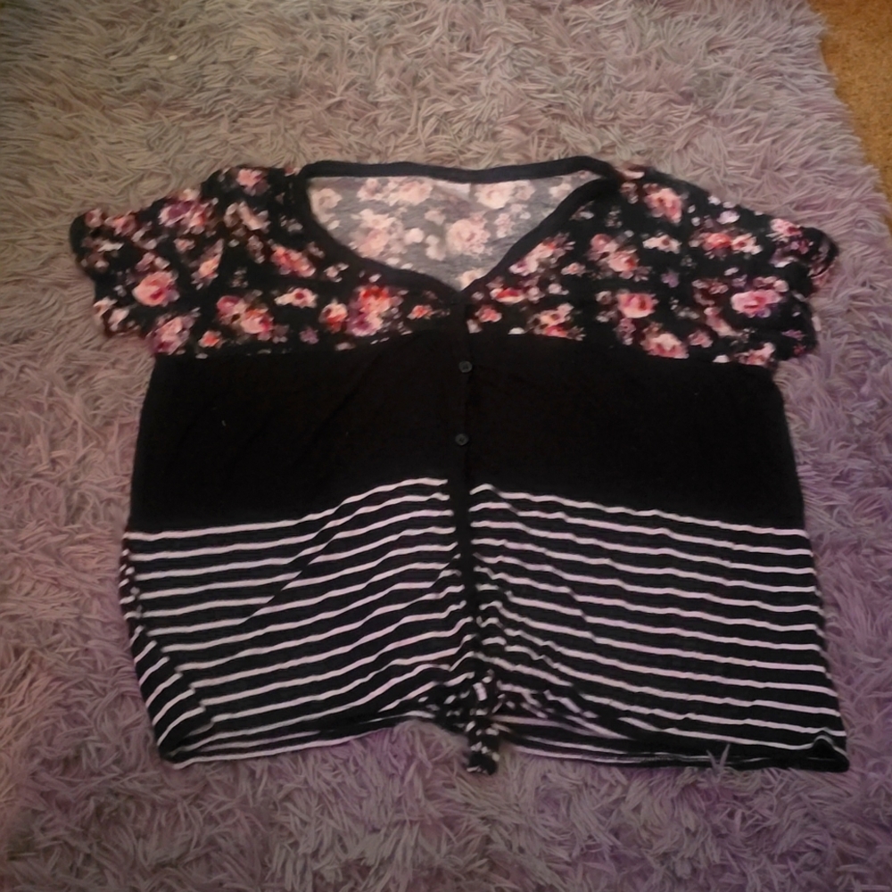 Floral mixed media button up T shirt